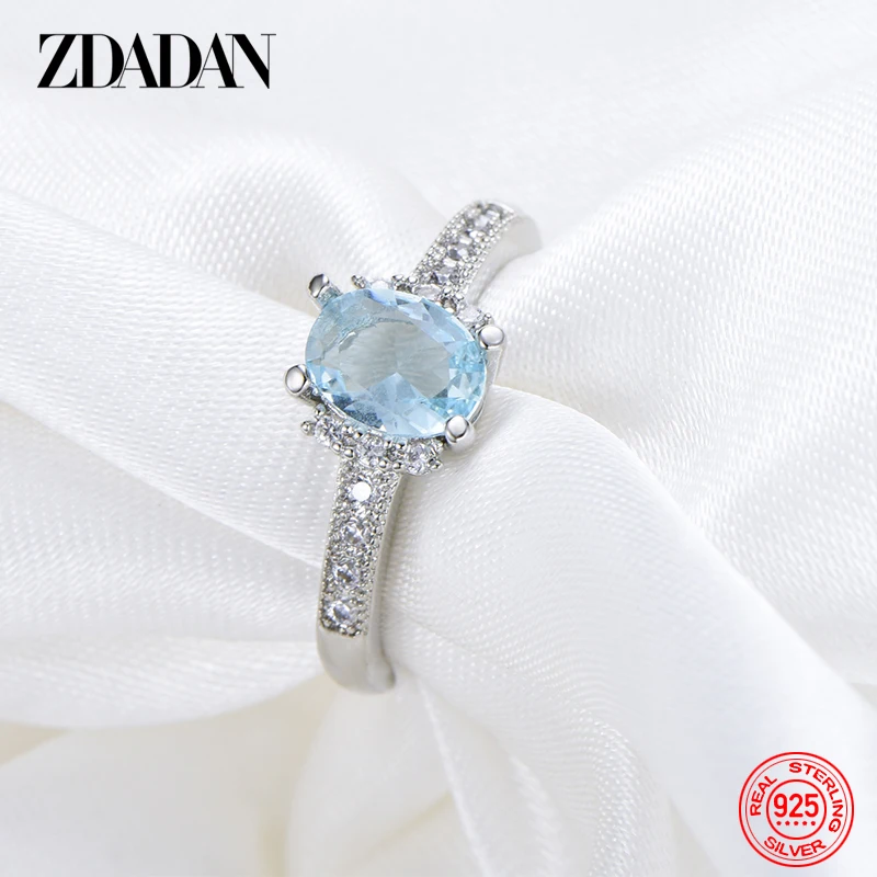 ZDADAN Authentic 925 Sterling Silver Square Blue Clear CZ Finger Rings For Women Wedding Engagement Jewelry Gift