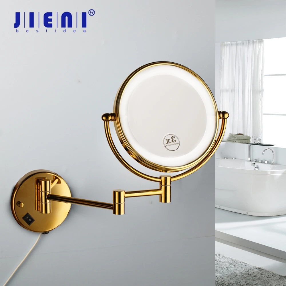 JIENI Golden Plated 3X Magnifying LED Light Beauty Makeup Mirror 8 Inch Bathroom Toilet Cosmetic Mirror Foldable 2 Faces Mirror