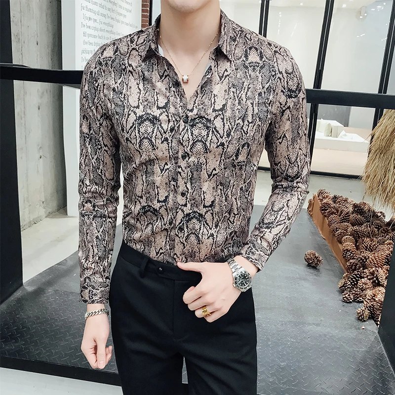 

Spring Snake 2020 Grain Printing Man Self-cultivation Long Sleeve Leisure Time Formal Shirts For Men Camisa Slim Fit Masculina