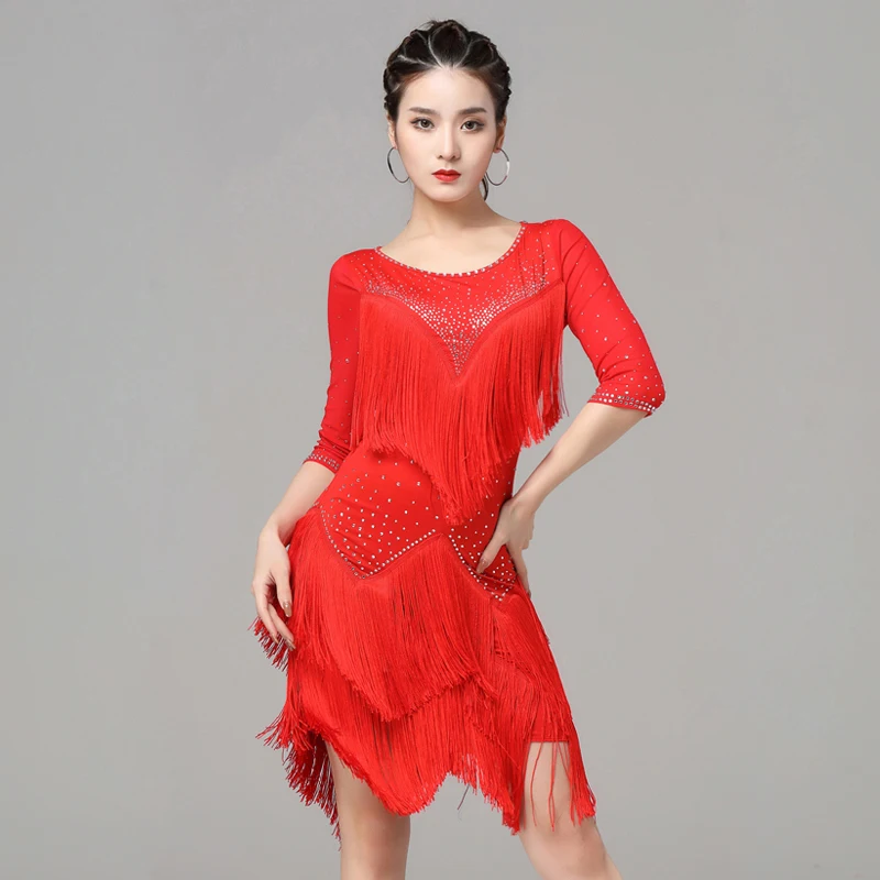 Sheer Mesh Women Dance Clothes Competition Ballroom Dress Samba Costume Party Dresses Stretchy One-piece Fringes Latin Dress