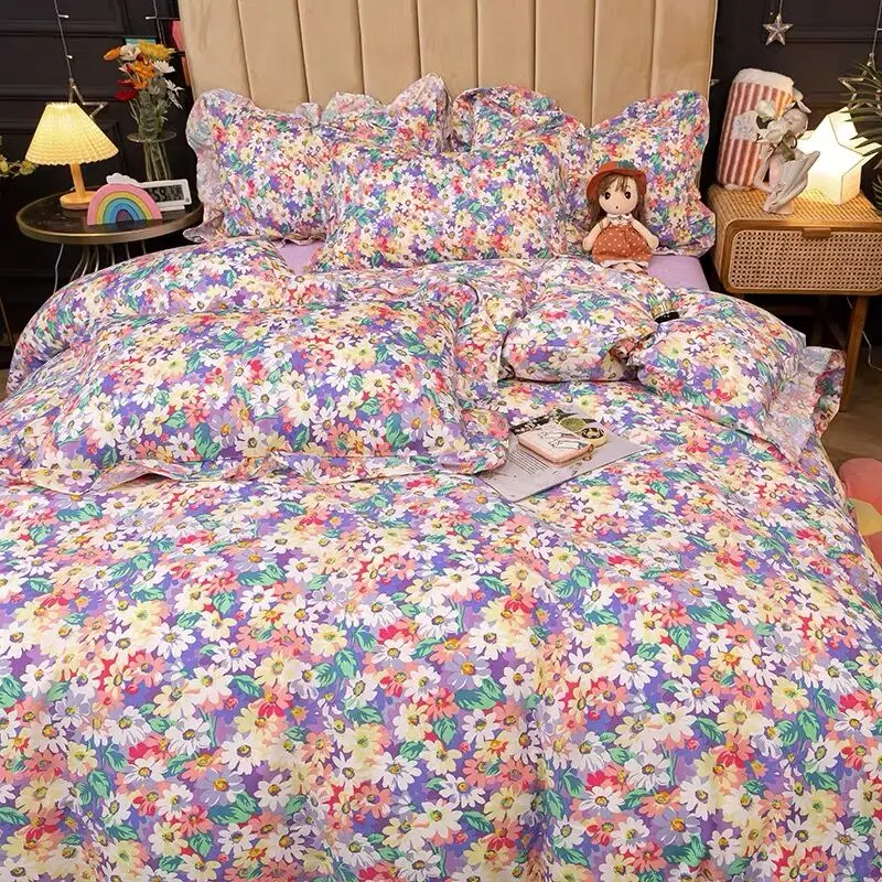 

Fresh floral luxury 100% cotton 4 peice Bedding Sets bed linen twin queen king size summer Flat Bed Sheet comforter cover sets