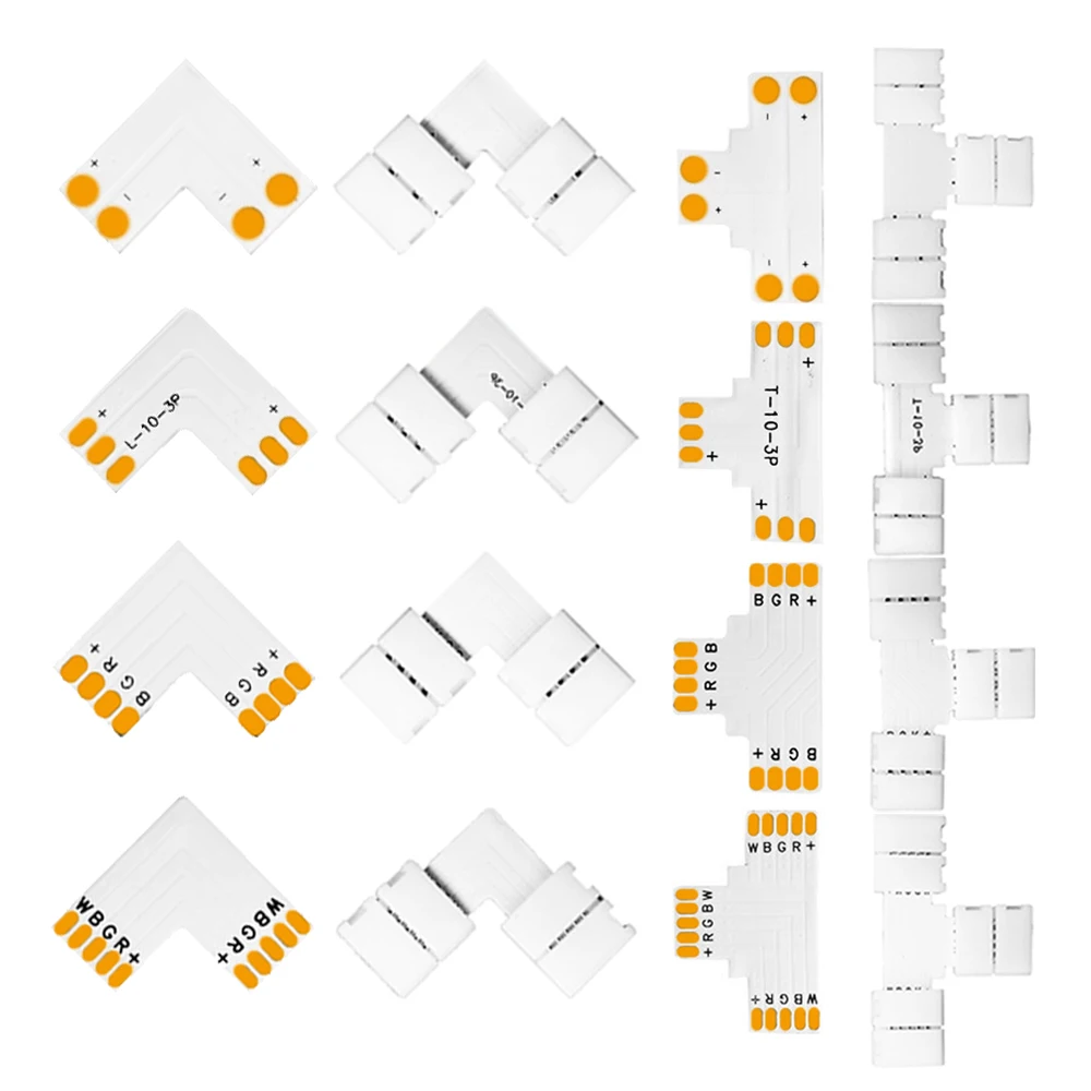 Led Strip Connector 2pin 3pin 4pin 5pin 10/12mm Width L/T/X Shape Solderless Corner For WS2811 WS2812B 3528 5050 RGB Led Light
