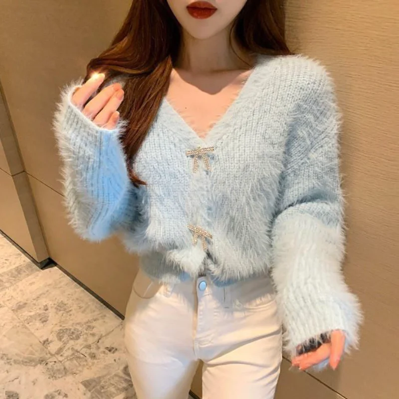 Luxury Glitter Rhinestone Bow Buttons Sweater Coat Mohair Knitted Cardigan Pearls Buckles V-Neck Mink Cashmere Knitwear Fur Tops