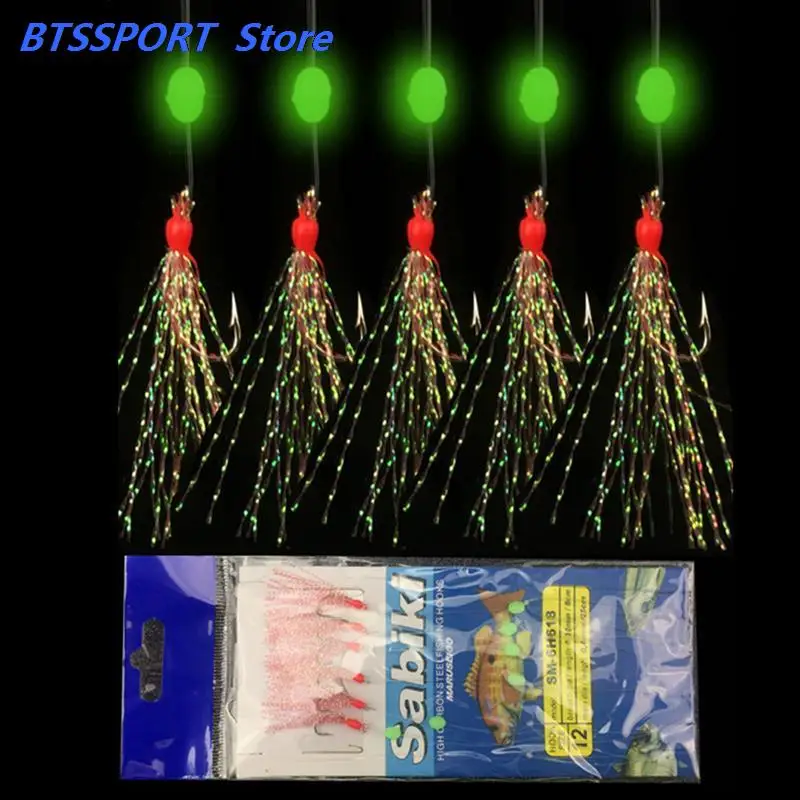 6pcs/set noctilucence Mackerel Feathers Bass Cod Sea Fishing Tackle Boat Luminous Fishing Hook Treble Fishing Lures