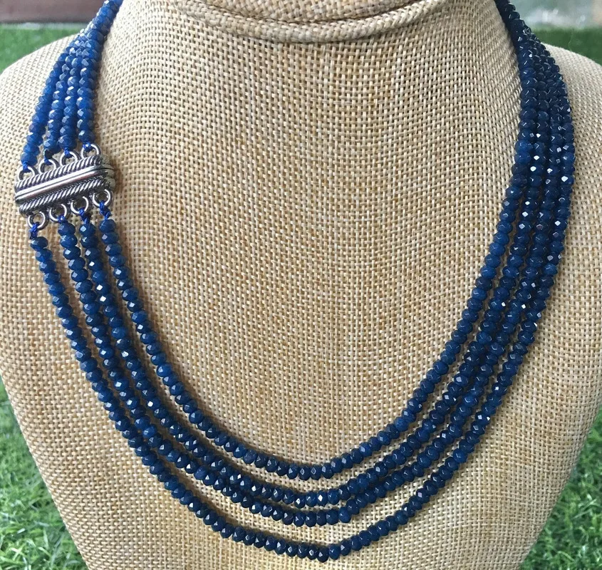 Antique magnetic 4-row 2x4MM blue sapphire roundel faceted jewelry necklac17-20