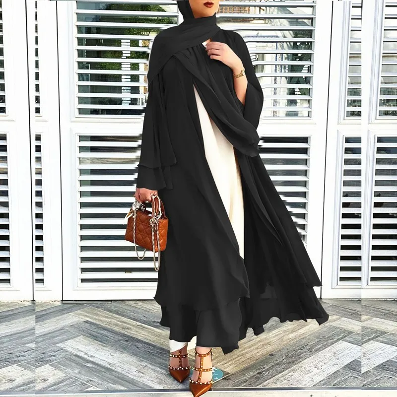 

Solid Open Abaya Dubai Turkey Muslim Cardigan Abayas Dresses For Women Casual Robe Femme Caftan Islam Clothing Muslim Robe+Hijab