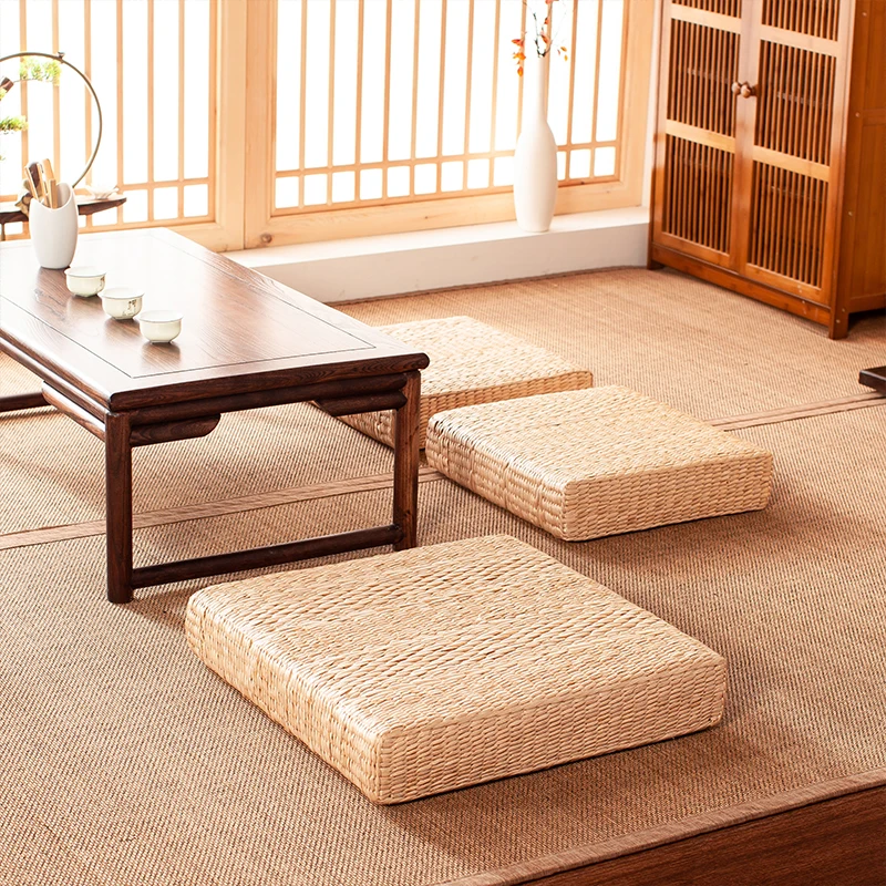 Natural Straw Square Pouf Tatami Cushion Floor Cushions Meditation Yoga Mat Chair Cushion Japanese Style Cushion 40cm 45cm 50cm