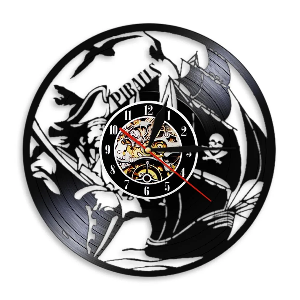 Pirates Ship Design Wall Clock Sailing Ship Corsair Vinyl Record Hanging Watch Seven Seas Art Decor Home Unique Handmade Gift