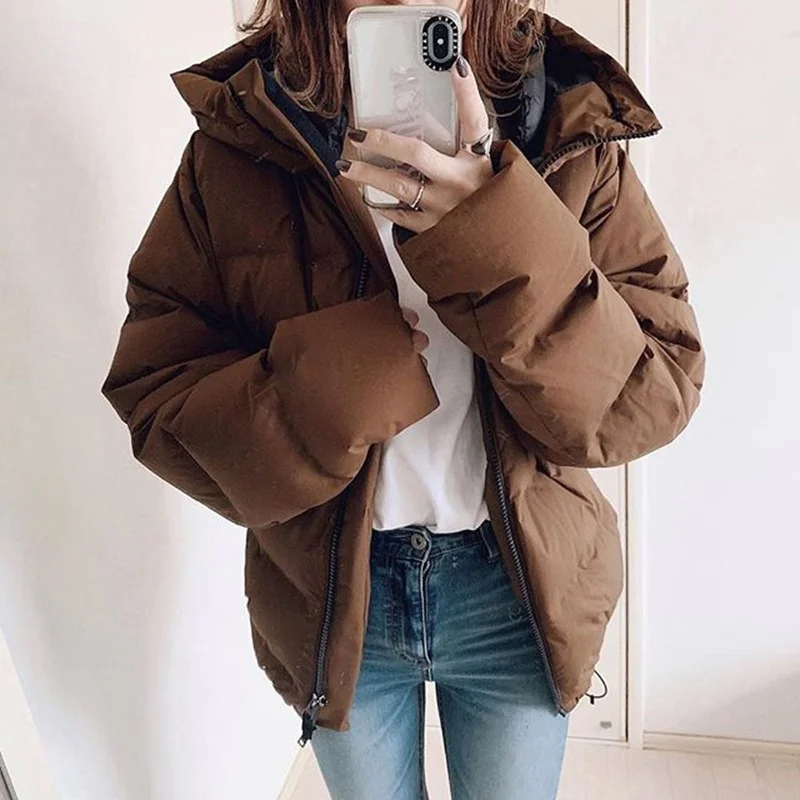 Cotton Padded Jacket Top To Keep Warm Winter Women\'s Thick Coat Women\'s Casual Solid Color Hooded Zipper Brown Puffer Jacket