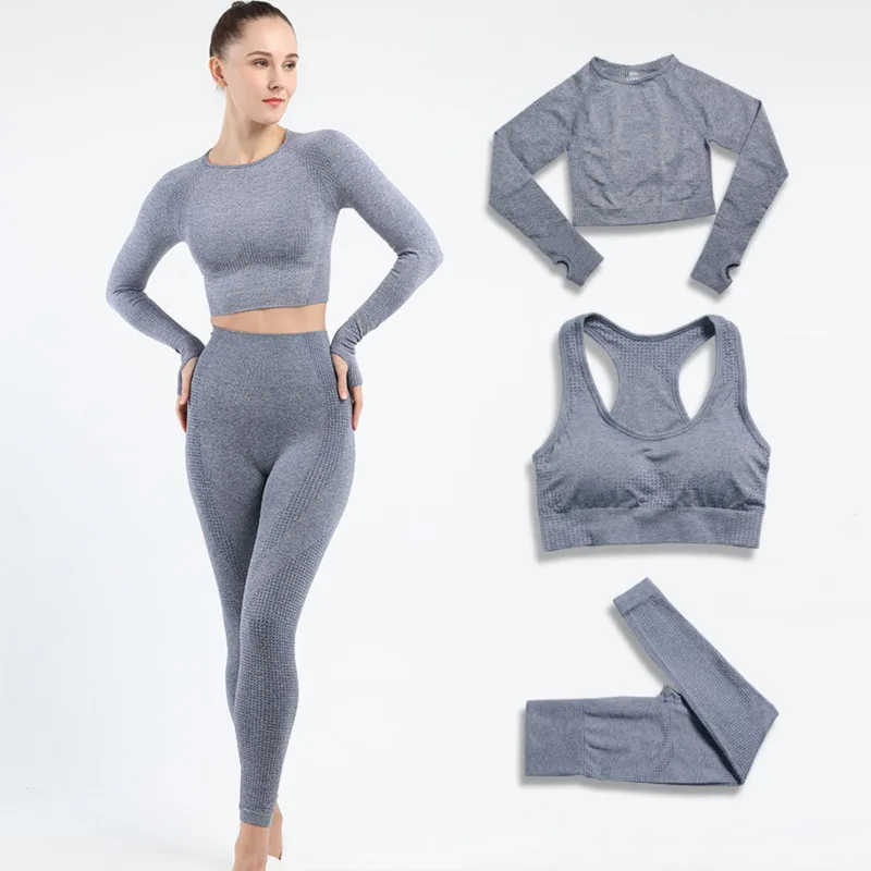 Seamless Women Yoga Set Workout Sportswear Gym Clothing Fitness Long Sleeve Crop Top High Waist Leggings+Sport Bra Sports Suits