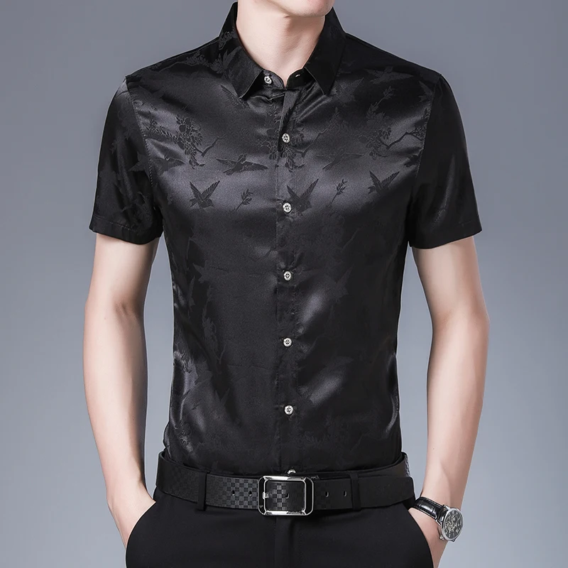 Summer 2021 Men\'s Birds Silk Dress Shirt Casual Short Sleeve Floral Streetwear Male Soft Silk Shirts Clothes