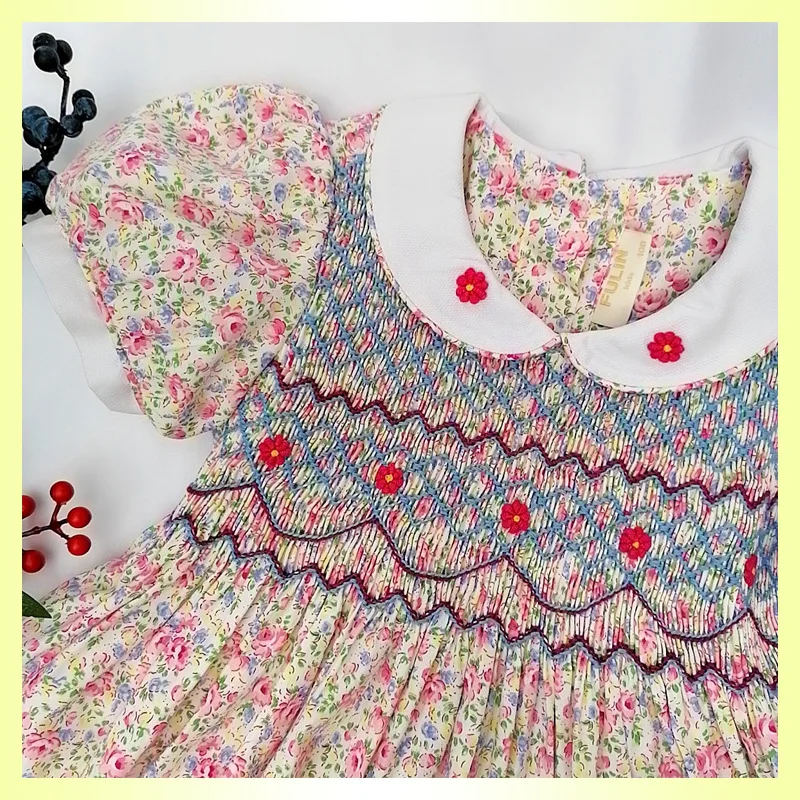 

2024 baby girls smocked dresses summer little girl princess floral dress vintage elegant dress for young girl 3 4 5 6 7 years