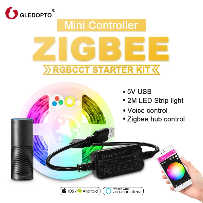 

ZIGBEE LED RGBCCT Mini Controller Strip Light Kit 5V USB Controller Alexa Voice/Hub APP Control Work with Tuya Smartthings