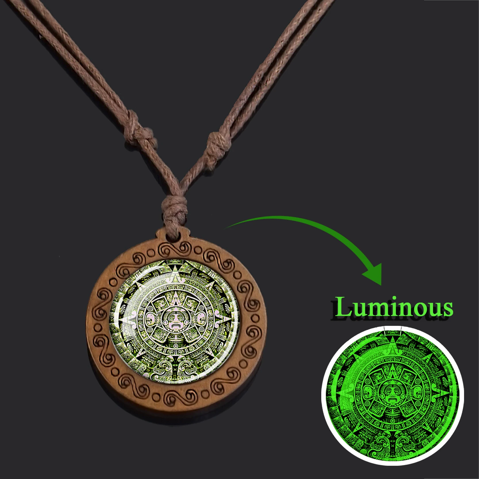 Esspoc Mayan Calendar Necklace Vintage Wooden Mexican Luminous Aztec Calendar Jewelry Glass Cabochon Chains Necklaces Women Gift