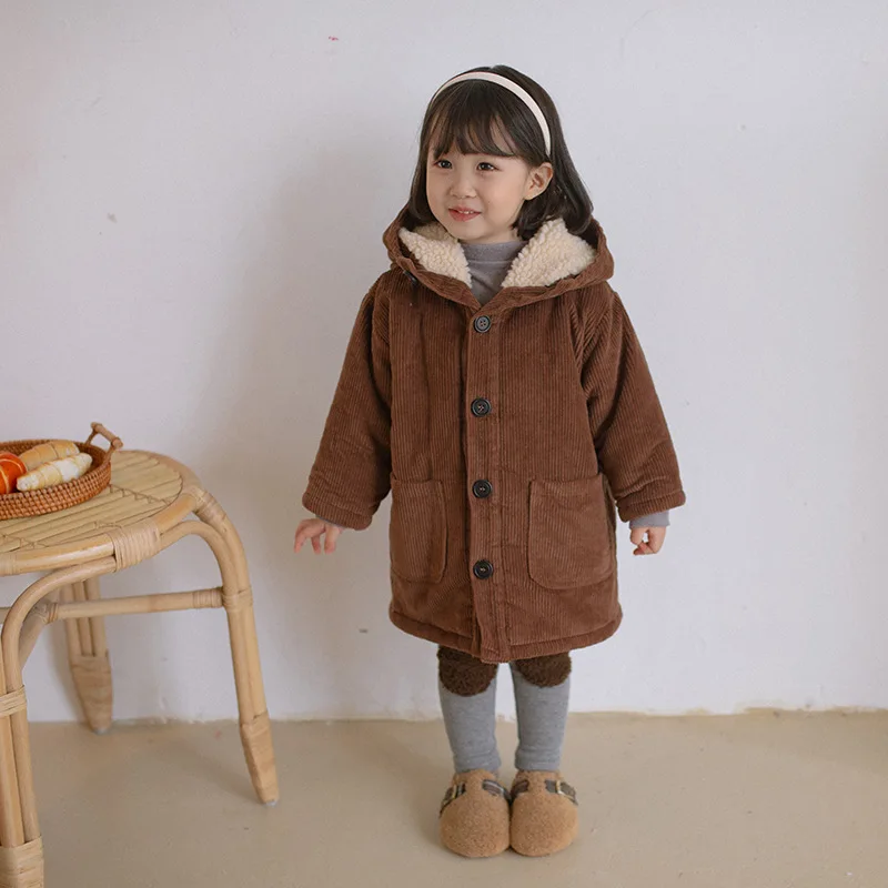 

Girls Baby's Coat Jacket Outwear Coffee Hooded Fur Thicken Autumn Winter Plus Velvet Warm Tracksuit Fleece Children's Clothing