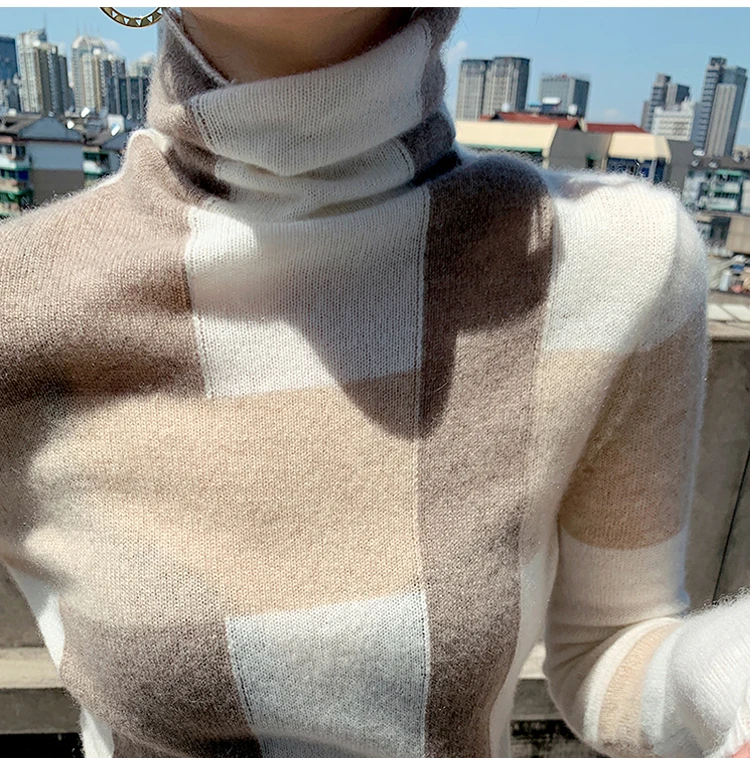 New Cashmere Sweater Women\'s High-Neck Color Matching 100% Pure Wool Pullover Fashion Plus Size Warm Knitted Bottoming Shir