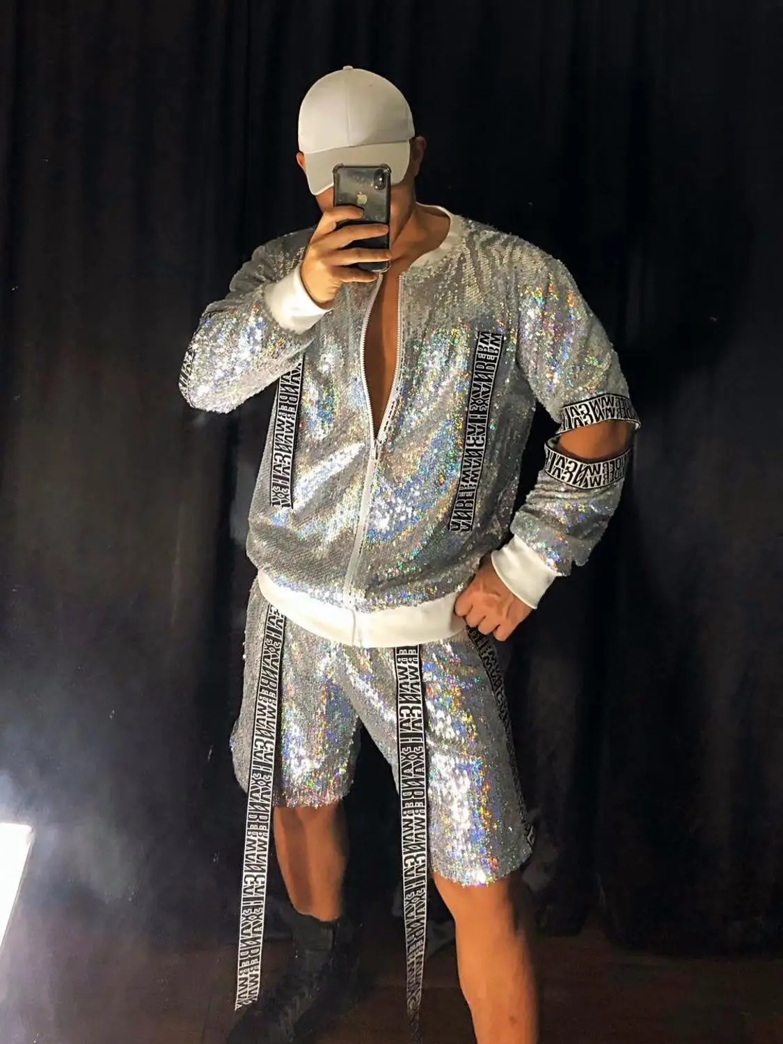 Bar Nightclub Male Street Dance Costume Silver Sequins Baseball Jacket Shorts Hip Hop Dancer Singer Performance 2 Pieces Set