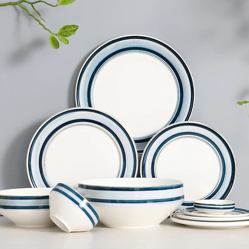 Nordic simple line ceramic plate Phnom Penh shallow plate flat plate domestic steak Western plate Western tableware plate sets