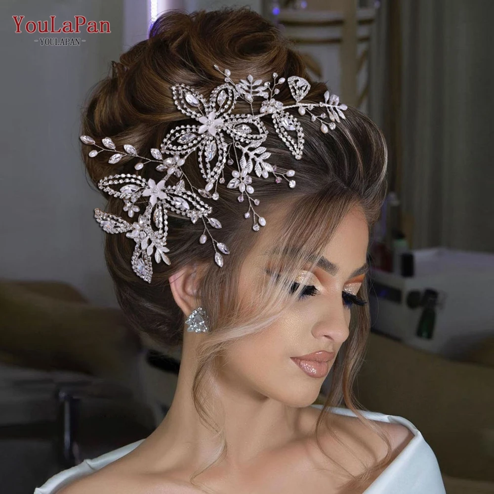 YouLaPan HP305 Paduan Daun Bridal Headband Rhinestone Pernikahan Rambut Aksesoris Tiara Pengantin Perak Mahkota Rambut Pengantin Perhiasan