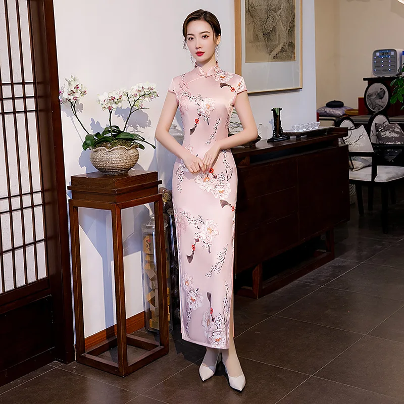 Wiosna 2020 nowa sukienka z nadrukiem Cheongsam codzienna poprawa sukienka Cheongsam moda Plum-Size ubranie z pokazu klasyczne nowoczesne Qipao плацие