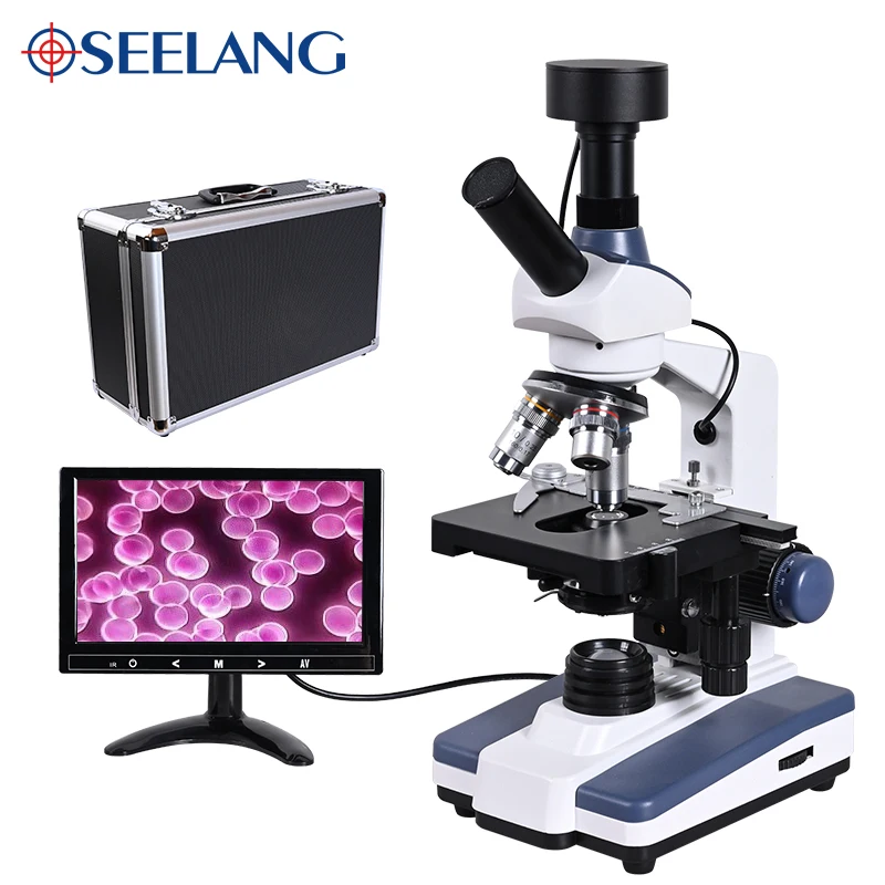 black background HD Digital biological Lab Microscope led light +9-inch LCD + 5MP electronic eyepiece + USB Data line+Metal box