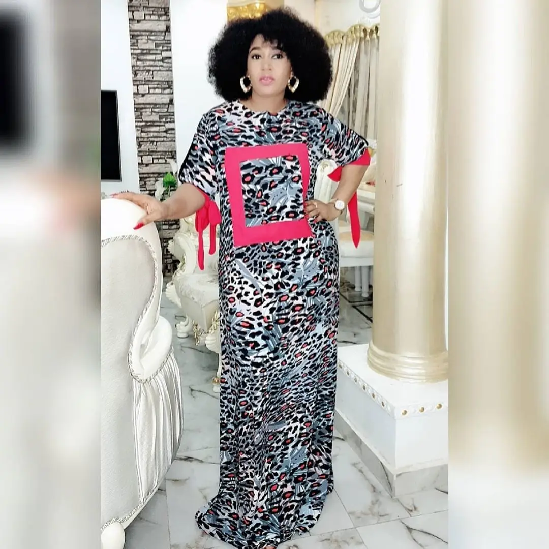 African Woman Dress Leopard Printing Knitted Polyester O-neck Short Sleeve Plus Size Elegant Stretch Long Dress