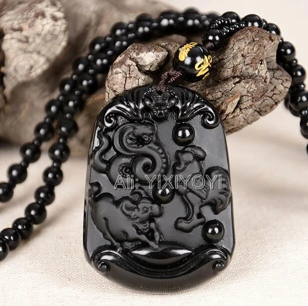 Natural Black Ice Obsidian Carved Chinese Handmade Twelve Zodiac Blessing Amulet Pendant Beads Necklace Trendy Gift Jewelry view 5