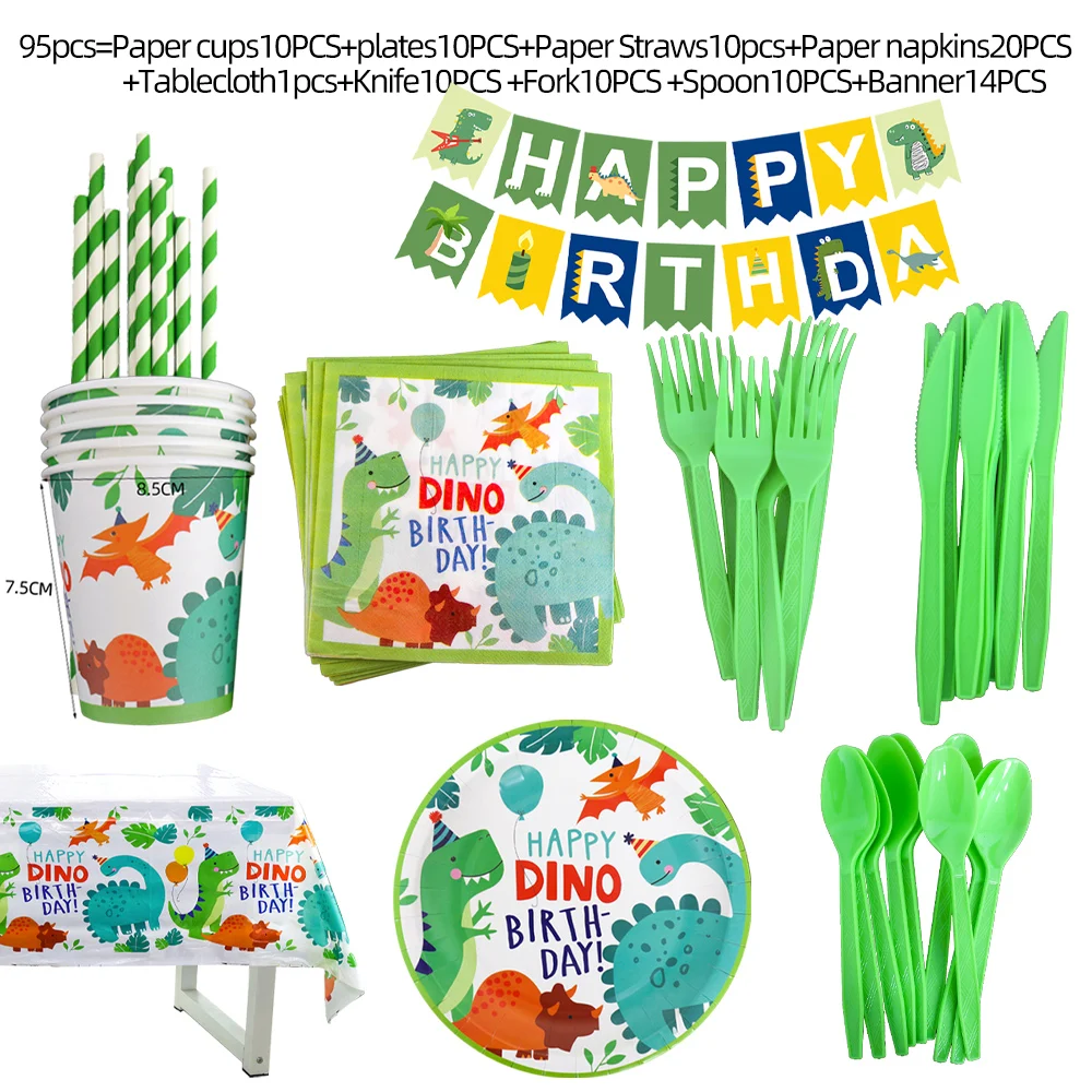 Dinosaur Party Supplies Set Paper Plates Nakpins Cups Disposable Tableware Banner Dino Balloons Baby Show Boy Birthday Surprise