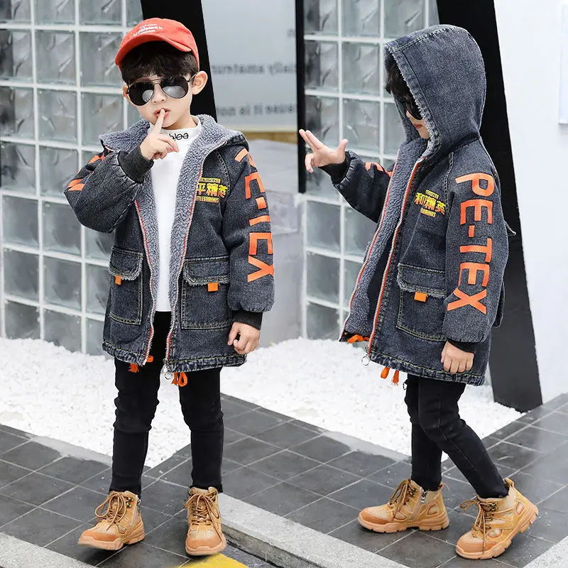 Denim Jacket Boys 2024 Autumn Winter Fashion Cartoon Plus Velvet Hooded Warm Trench Coat Children\'s Outerwear Teenager Clothes