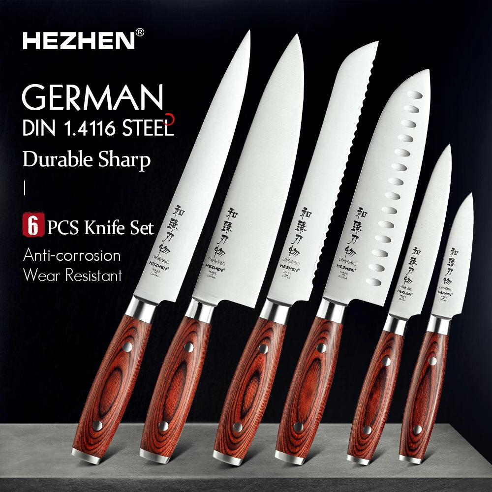 HEZHEN 1-6PC zestaw noży rzeźba kucharz chleb Santoku narzędzie Paring drewno Pakka uchwyt i nit ze stali nierdzewnej narzędzia kuchenne