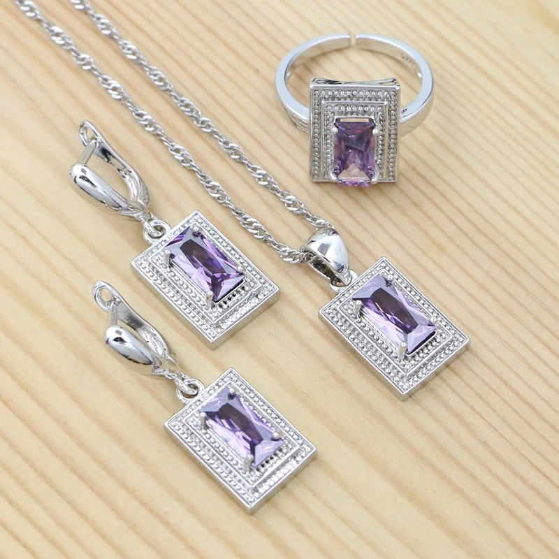 

Silver 925 Wedding Jewelry Set for Woman Earrings Chain Pendant Open Ring Square Purple Cubic Zirconia Jewelry Kit