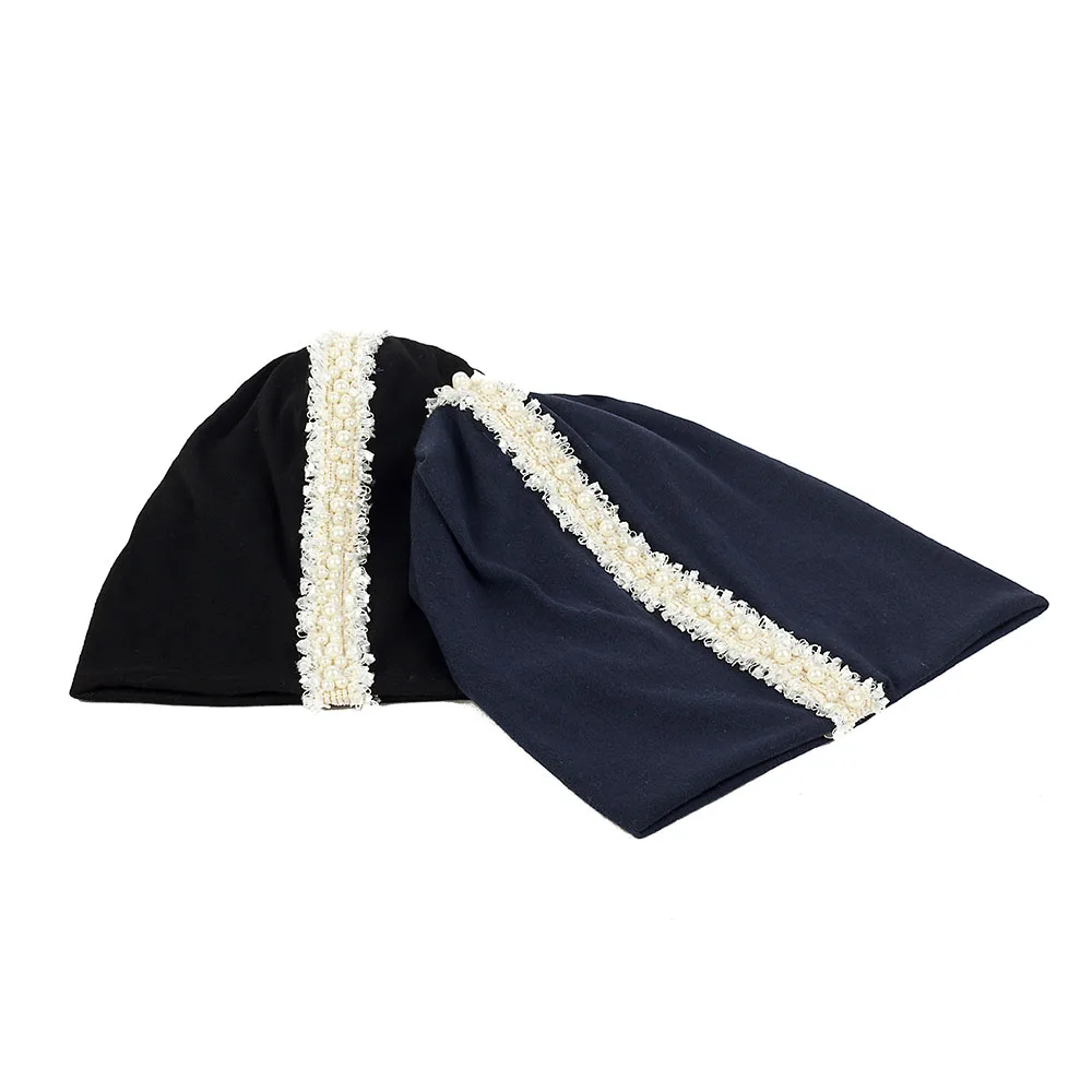 Outdoor Casual Women Pearl Ribbon Fashion Beanies Hats New Soft Windproof Thin Cotton Baggy Skullies Hat Cap for Ladies Girls