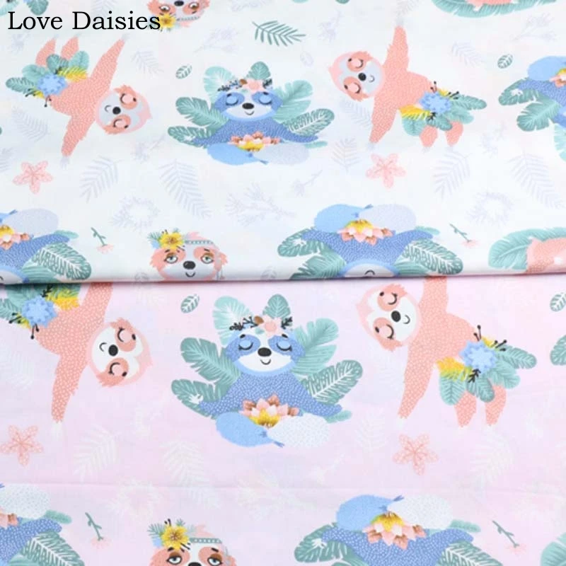 100% Cotton Twill WHITE BLUE PINK Cartoon Color Birds Flowers Sloth Leaves Fabrics for DIY Kids Bedding Sheet Apparel Handwork