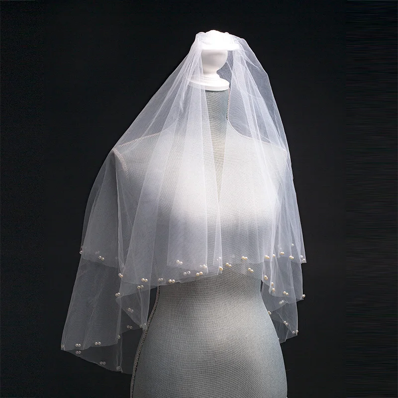 White Short Wedding Veil Soft Tulle with pearls New Arrival Free Shipping Wedding Accessories