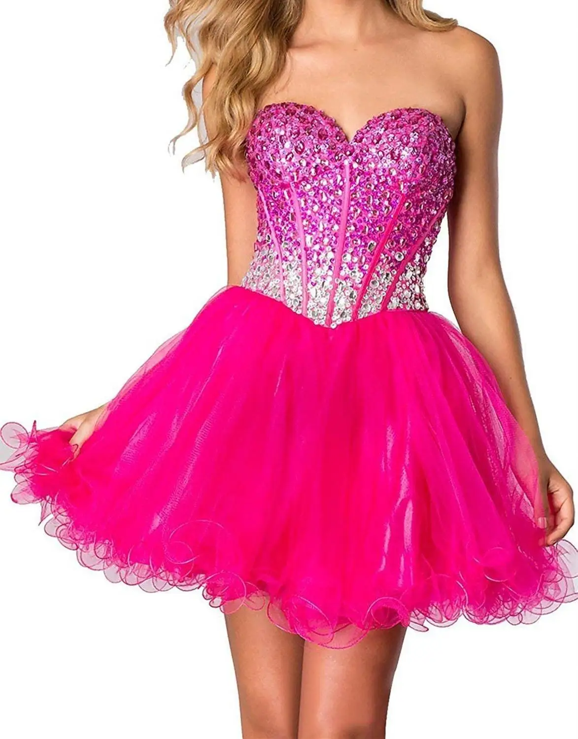 CharmingBridal Crystal Homecoming Dresses Sweetheart Sleeveless Beaded Basque Short Mini Ball Party Prom Dresses