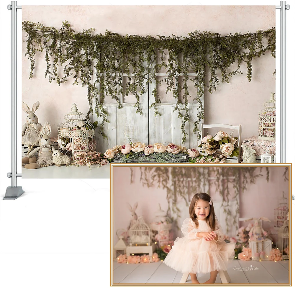 Cake Smash-Toile de fond de photographie florale pour nouveau-né, arrière-plan de lapin, porte en bois, rose, fille, photobooth, décors de studio