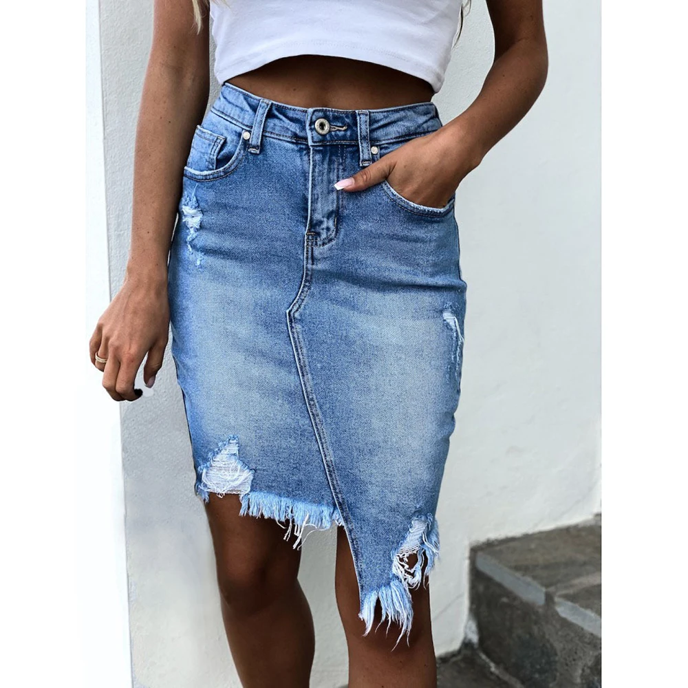 

Solid Mid-Calf Bodycon Denim Skirts Summer Jeans Vintage Ripped Shorts Women Casual Ladies Wild Jean New Slim Pack Hips Skirt