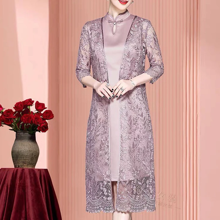 Purple Pink Mother of the Bride Dresses With Jacket 2 Pieces Half Sleeve Purple Silk Satin Knee Wedding Party Mother Prom Gowns