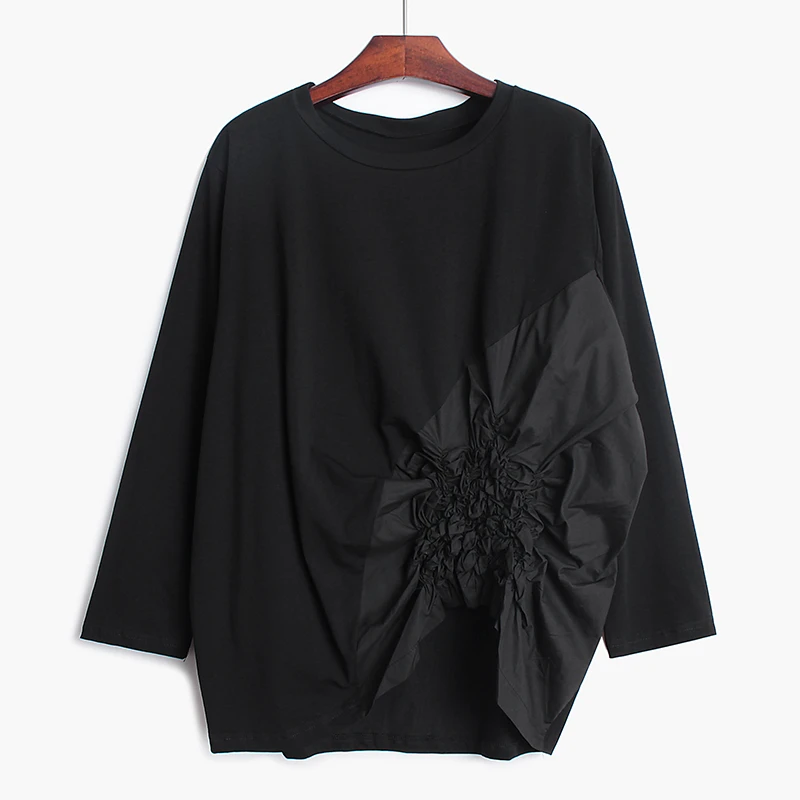 Women Gray Pleated Split Asymmetrical Temperament T-shirt New Round Neck Short Sleeve Fashion Spring Summer 2020 V431