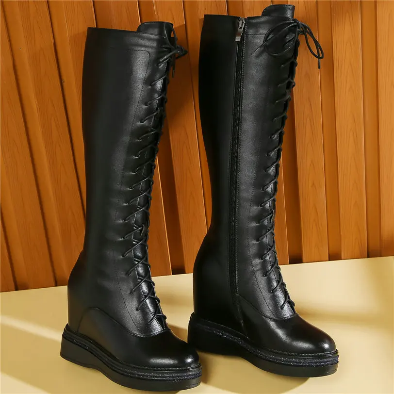 2024 Thigh High Pumps Shoes Women Lace Up Genuine Leather Knee High Snow Boots Female Winter Wedges High Heel Fashion Sneakers