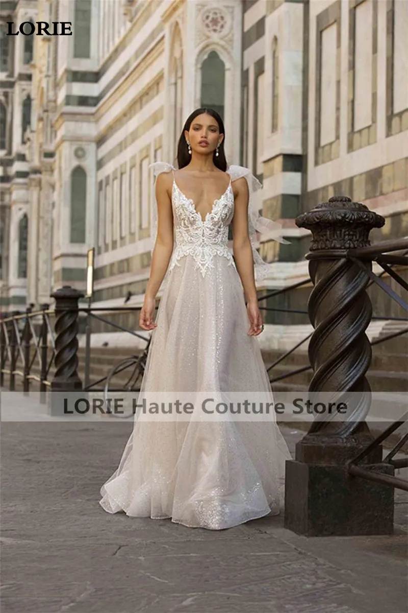 LORIE Ren Áo Cưới 2019 Lấp Lánh Voan Vestidos De Novia Spaghetti Dây Gợi Cảm Áo Dài Cô Dâu Hở Lưng Boho Áo Cưới