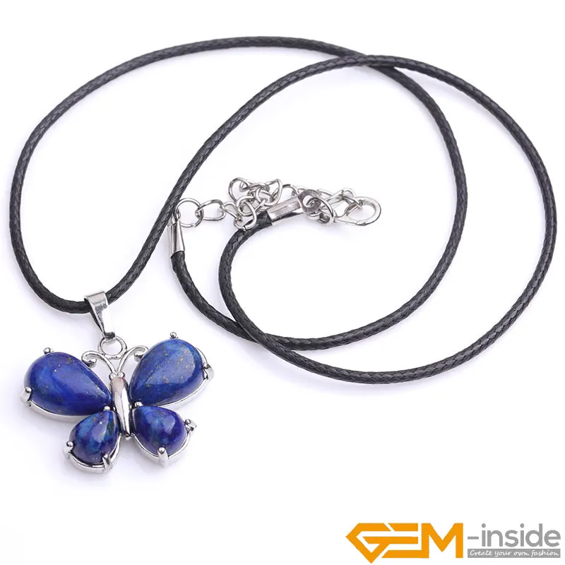 Natural Stone Lapis Lazuli Amethysts Howlite Green Aventurines Charm Butterfly Animal Pendant Leather Chain Necklace 19 Inch