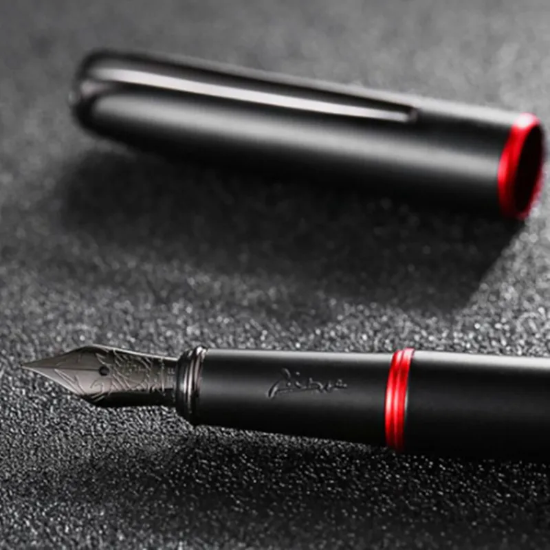 

New Picasso Pimio Black Metal Fountain Pen Black EF/M/Bent Nib 0.38/0.6/1.0mm Red Ring Matte Barrel Office Business Gift Ink Pen