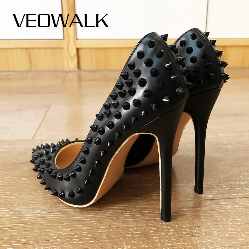 Veowalk Black Matte Women Full Punk Rivets Pointed Toe High Heels Sexy Ladies Spikes Stilettos Pumps Woman Club Party Shoes