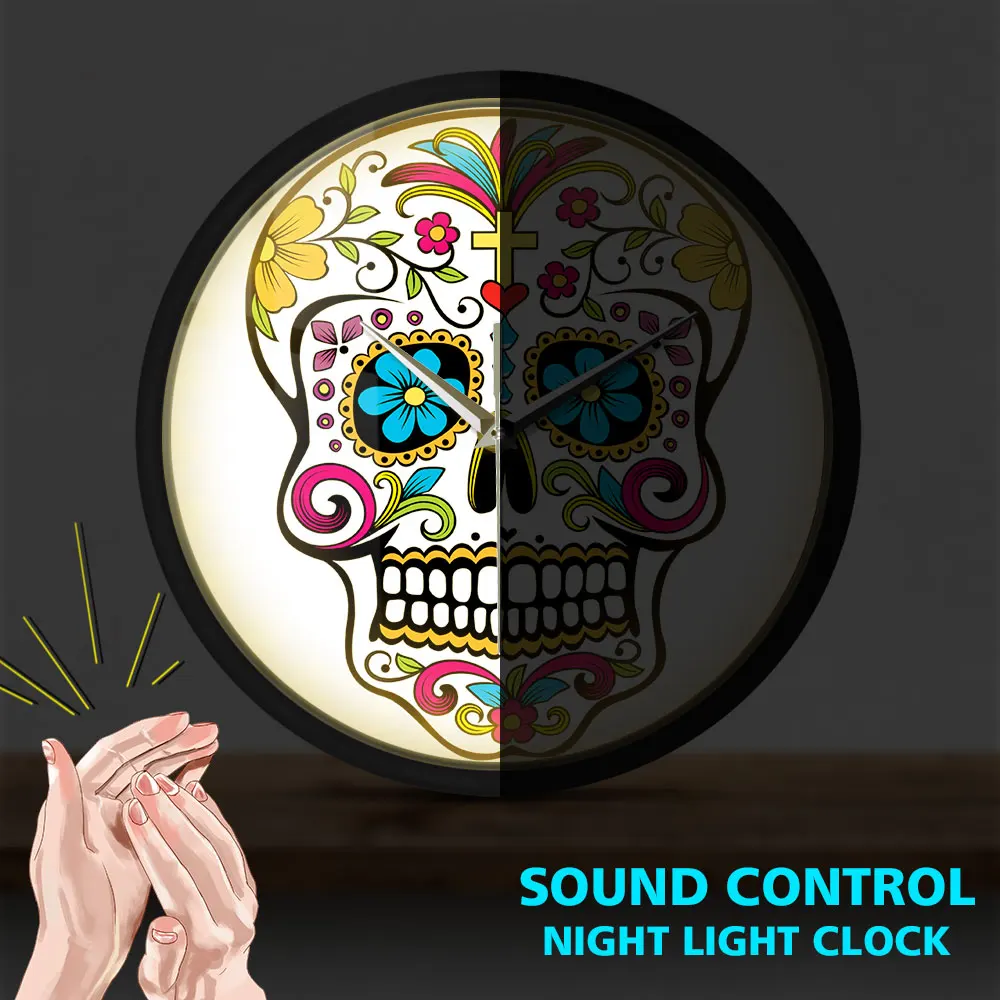 Candy Floral Skull Illuminated Night Light Lamp Clock Mexican Dia De Day of the Dead Smart Sound Control LED Halloween Clock