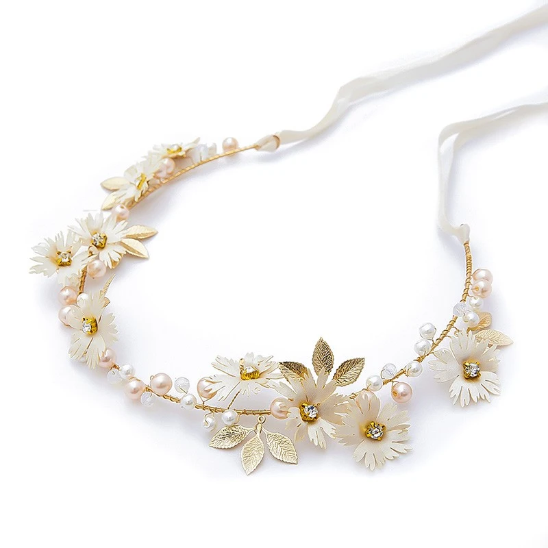 Bride Wedding Hair Accessories Pearl Floral Crown Bride Garland Hairband Floral Hair Leaf Vine Pearl Headpiece Hair Ornament