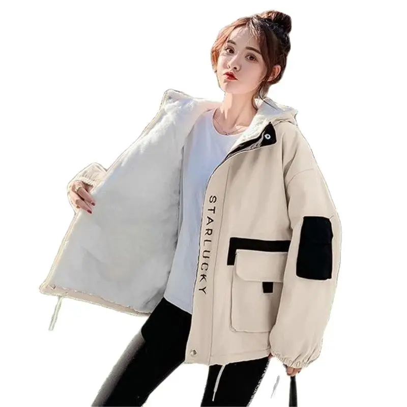 

Winter Tooling Ladies Jacket Imitate Lamb Wool Hooded Color Matching Women's Coat New 2021 Cotton Loose Student Outerwear