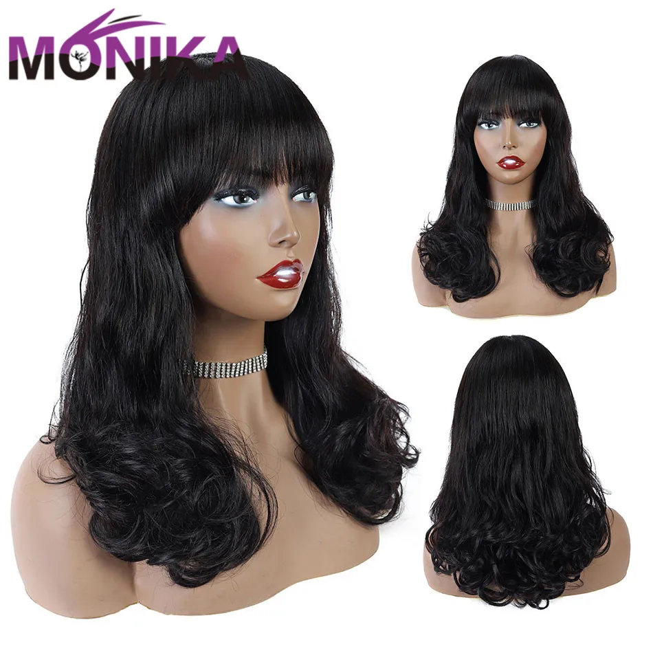 

Monika Brazilian Full Machine Pixie Wig Human Hair Wigs With Bangs Pre Plucked Baby Hair Glueless Remy Loose Wave Wig for Women