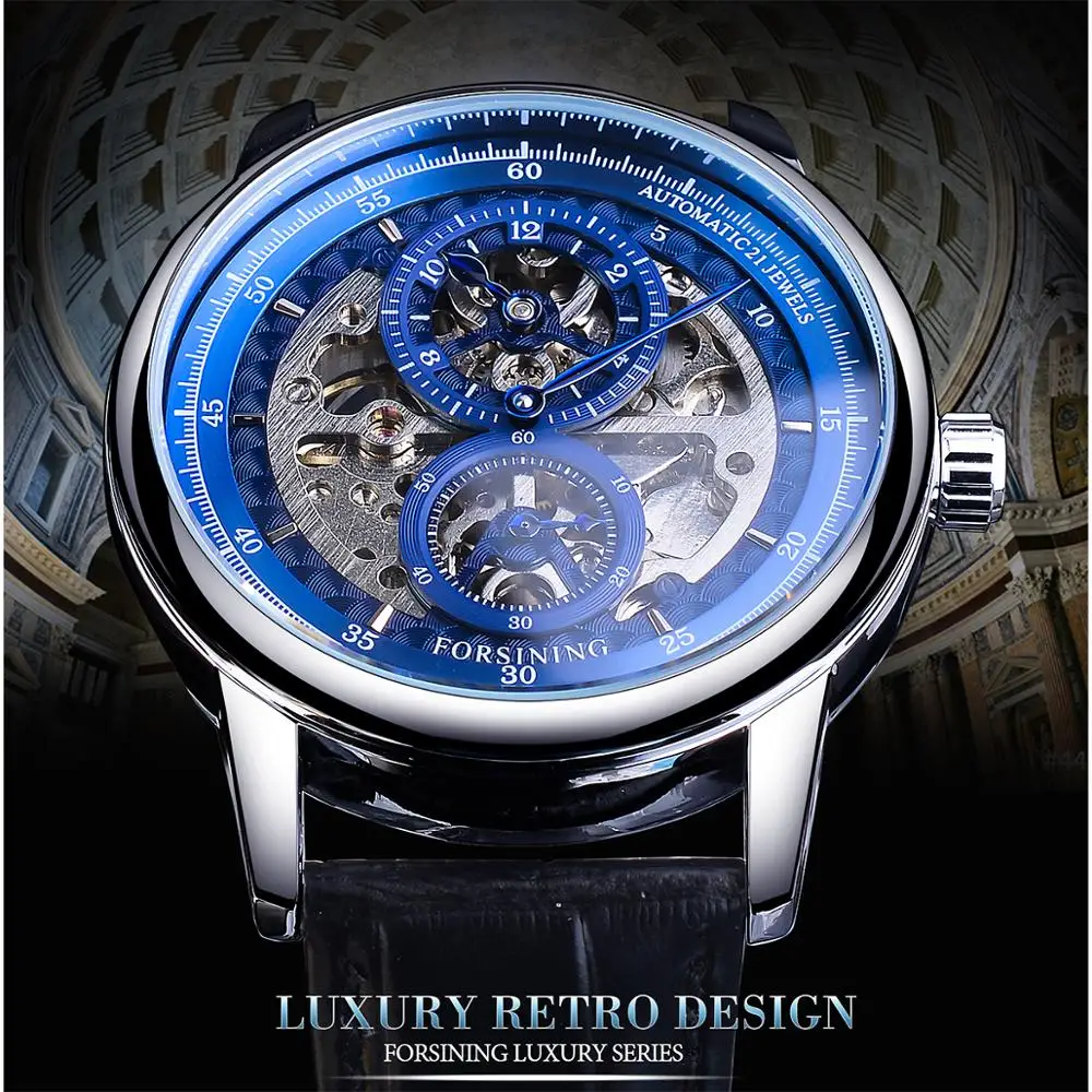 Forsining Fashion Blue Skeleton Dial Automatic Black Genuine Leather Band Watch Waterproof Business Sport Mechanical Wristwatch