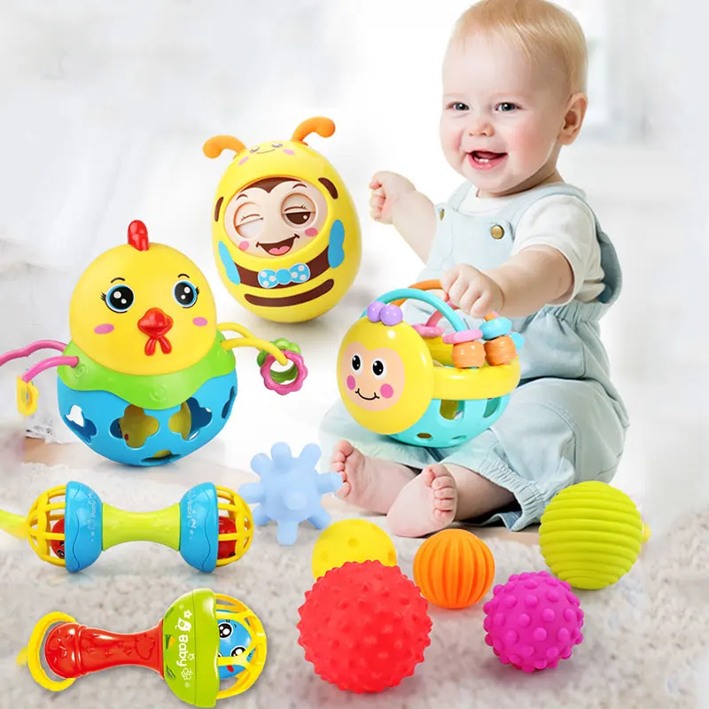 Soft Rubber Juguetes Bebe Cartoon Bee Hand Knocking Rattle Dumbbell Early Educational Toy For Kid Hand Bell Baby Toy 0-12 Months